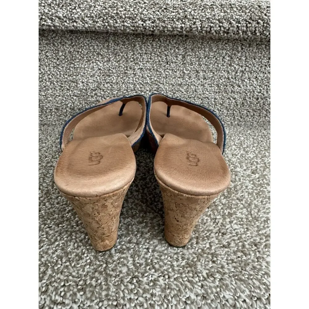 UGG Women's W Natassia Mar Wedge Sandal Cork Trim Navy Straps Size 8 Preowned